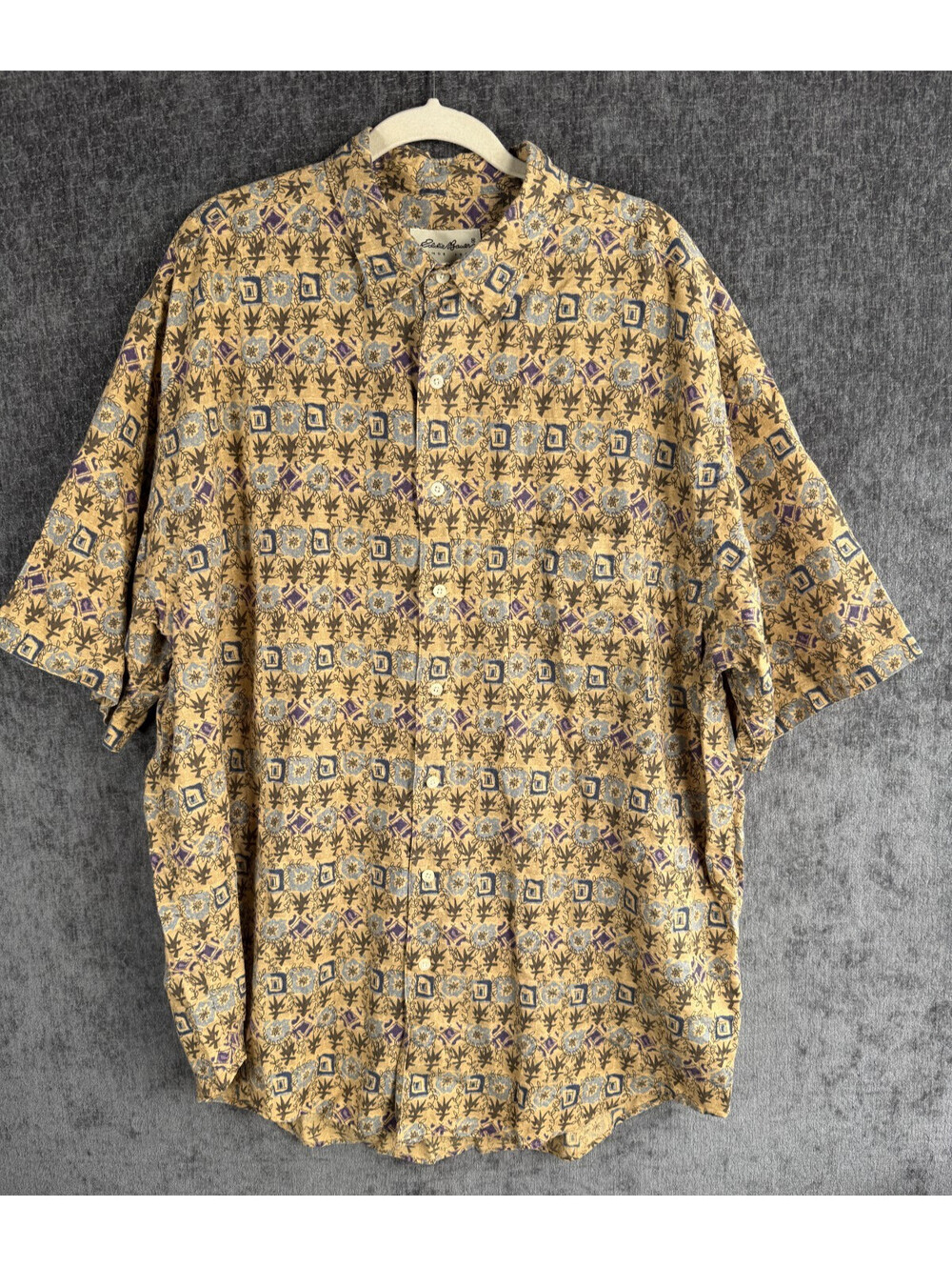 Vintage Eddie Bauer Linen Cotton Geometric Tribal Print Shirt Mens XL Tall